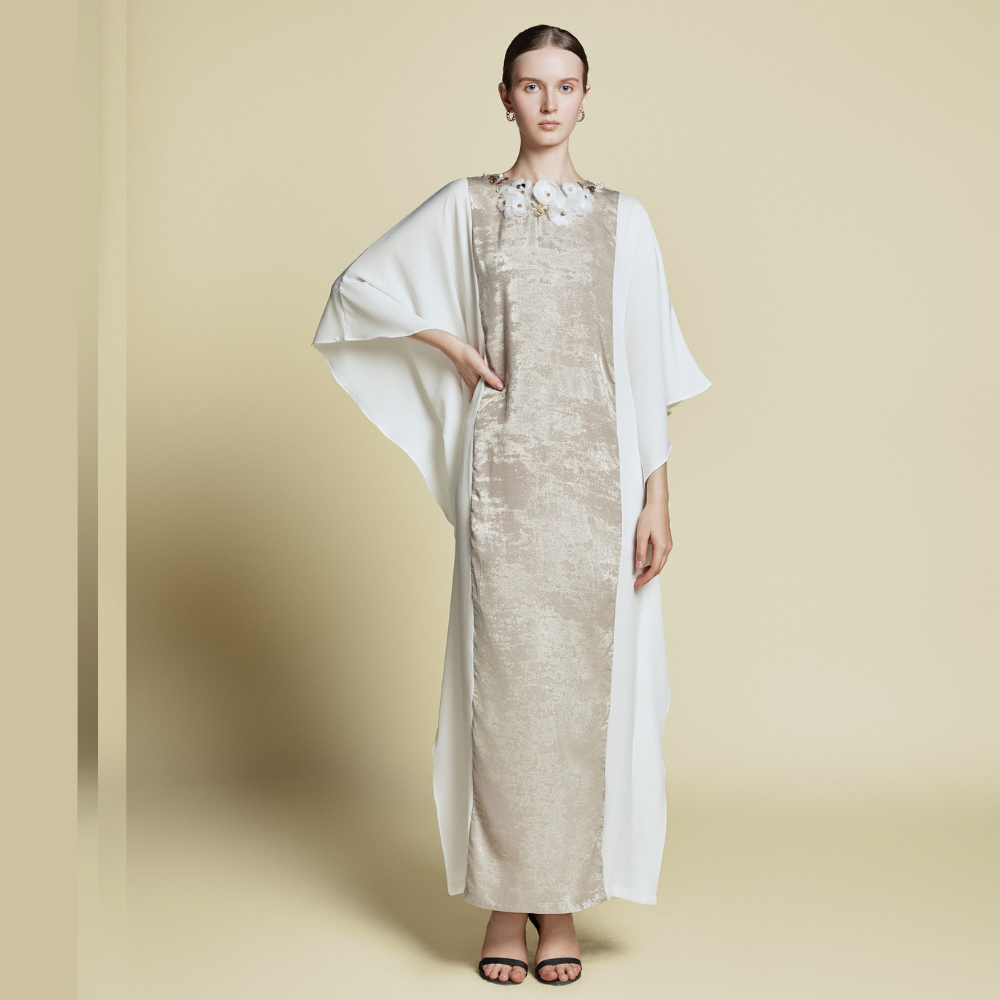 Kaftan Wanita Dress Muslim Premium DEMURE Aliyna Cape Sleeve Gold White