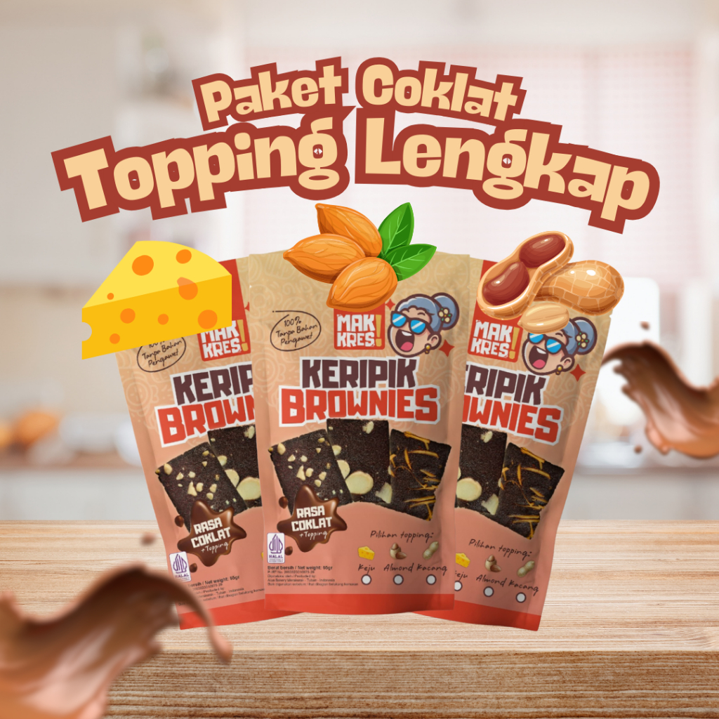 

PAKET MakKres! Keripik Bronis Brownies Chips Crispy Coklat 65gr - Almond + Keju + Kacang Tanah