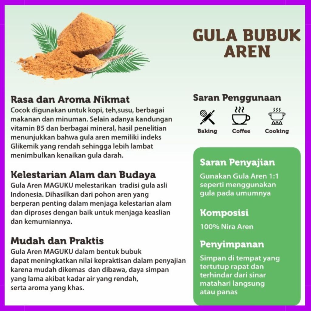 

GULA BUBUK AREN PREMIUM, GULA SEMUT PREMIUM 100% NIRA AREN MURNI, GULA BUBUK AREN 100% MURNI