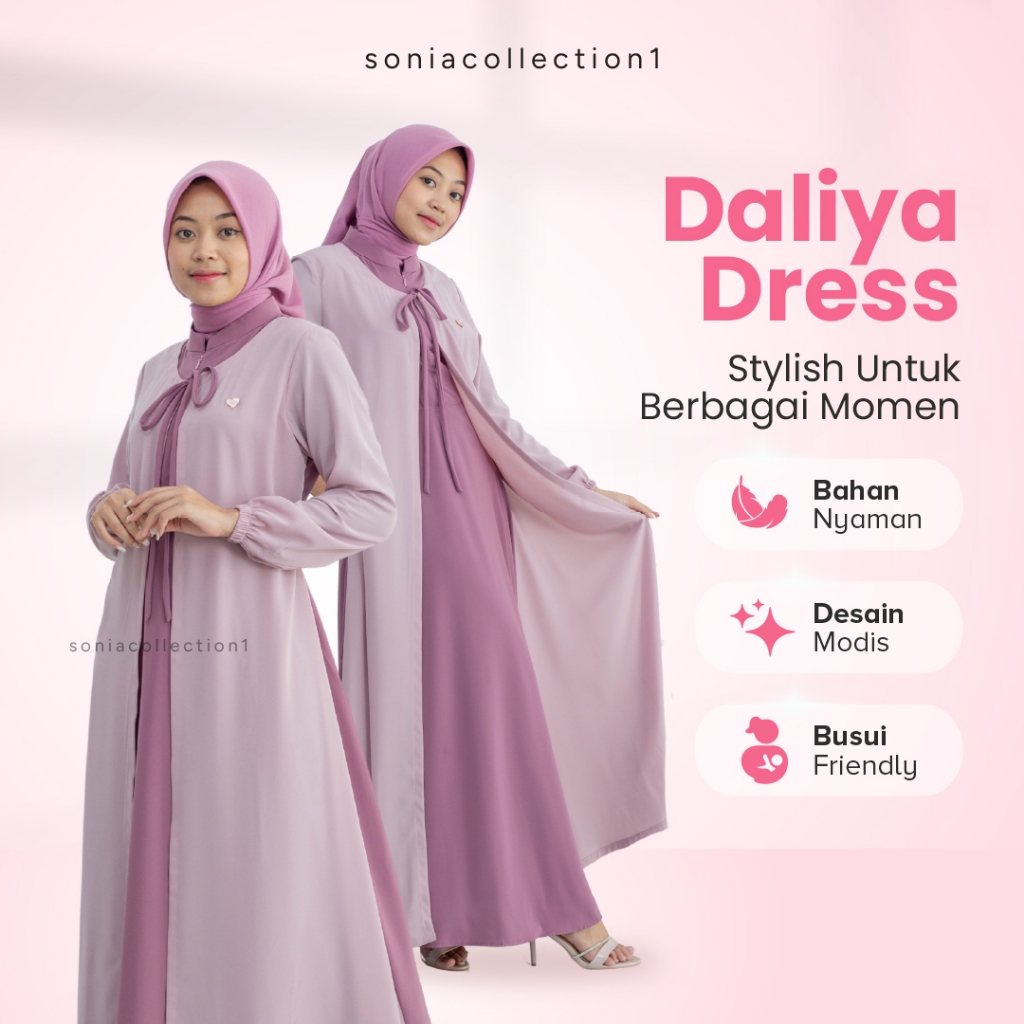 Daliya Dress Gamis Elegan Simple Lembut Anti Kusut Bahan Sejuk Warna Pink Maroon dan Lainnya