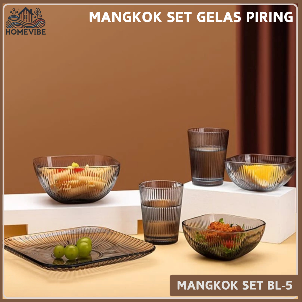 HOMEVIBE Set Mangkok Piring Gelas Kaca Premium Peralatan Makan BL-5/8 bisa untuk Souvenir Hampers