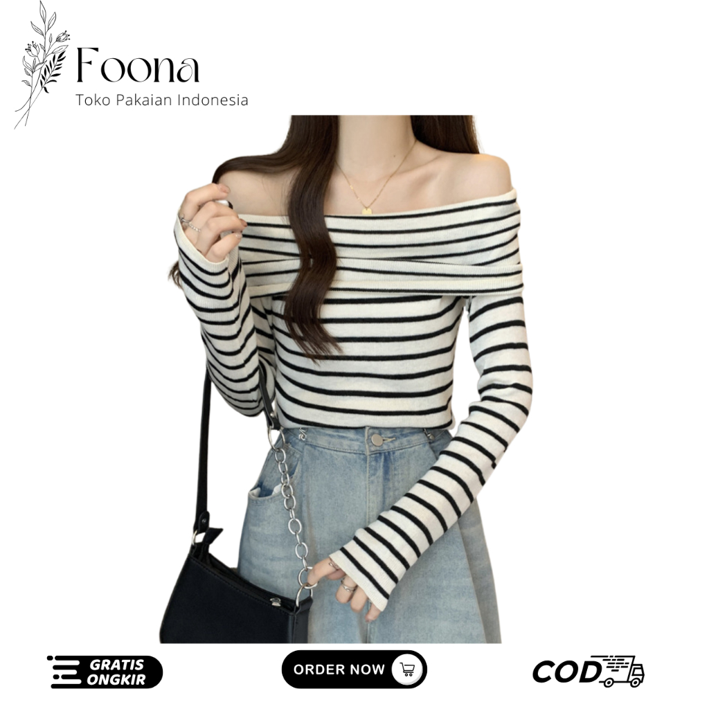 Foona - BJ532 Baju Lengan Panjang Long Sleeve Knit Off Shoulder Atasan Sabrina Motif Garis-Garis