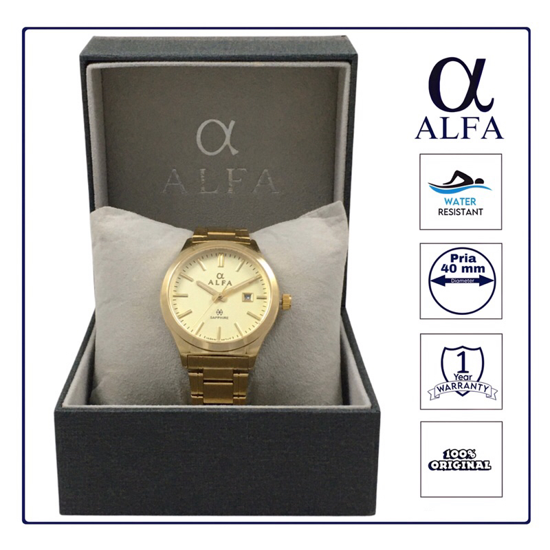 ALFA Jam Tangan Pria Tahan Air Warna Gold R8004 Original