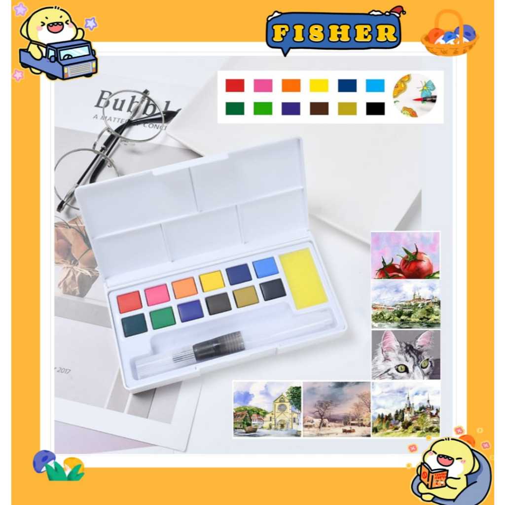

[FISHER] 12 Watercolor pallette + pena kuas air / solid pigment painting edukasi alat gambar warna