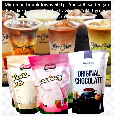 

Minuman bubuk Jowny 500 gr Aneka Rasa dengan Rasa kekinian Fresh ada strawberry Coklat green tea red velvet vanila cocok untuk campuran minimal boba agar jelly