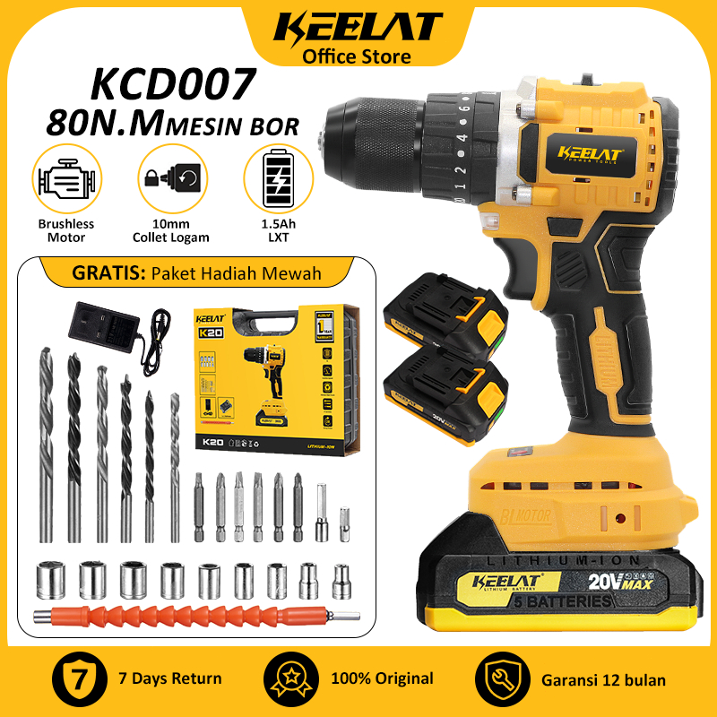 KEELAT KCD007 Brushless 20V Mesin bor 2baterai cas 10mm CordlessDrill Baterai Makita yang Kompatibel