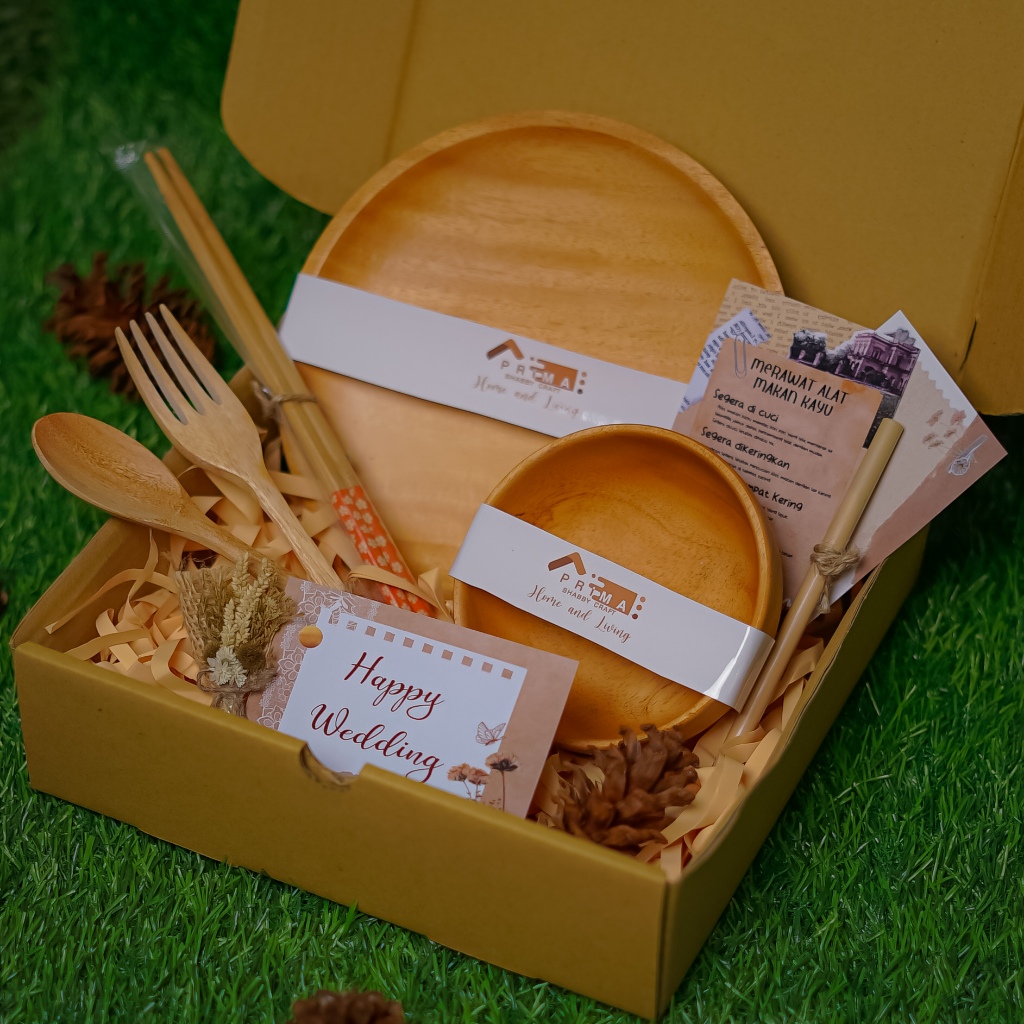 Psc Decor Hampers Kado Souvenir Set Alat Makan Piring Mangkok Kayu Aesthetic