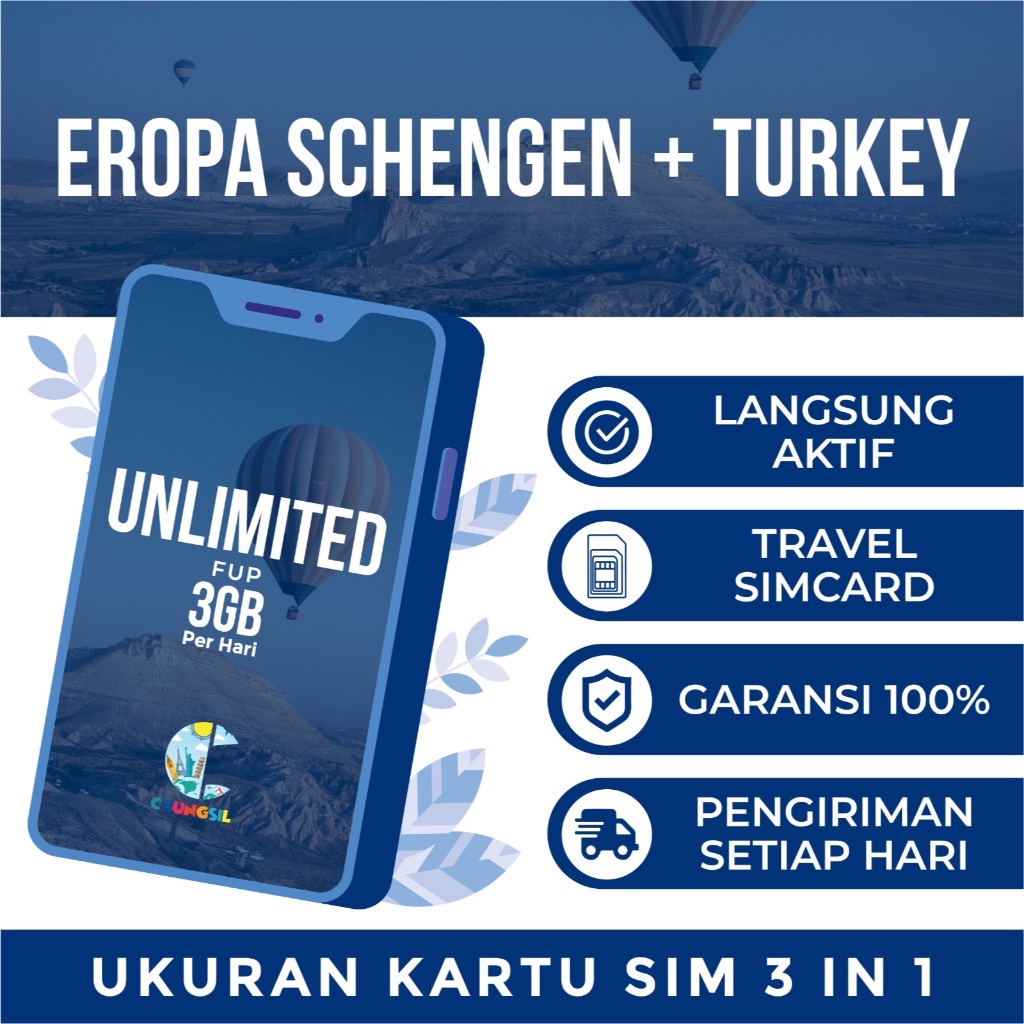 Simcard Europe Unlimited FUP (3GB/Day) Schengen, Swiss, UK 4G+ Sim Card Turki Turkey Eropa Langsung 