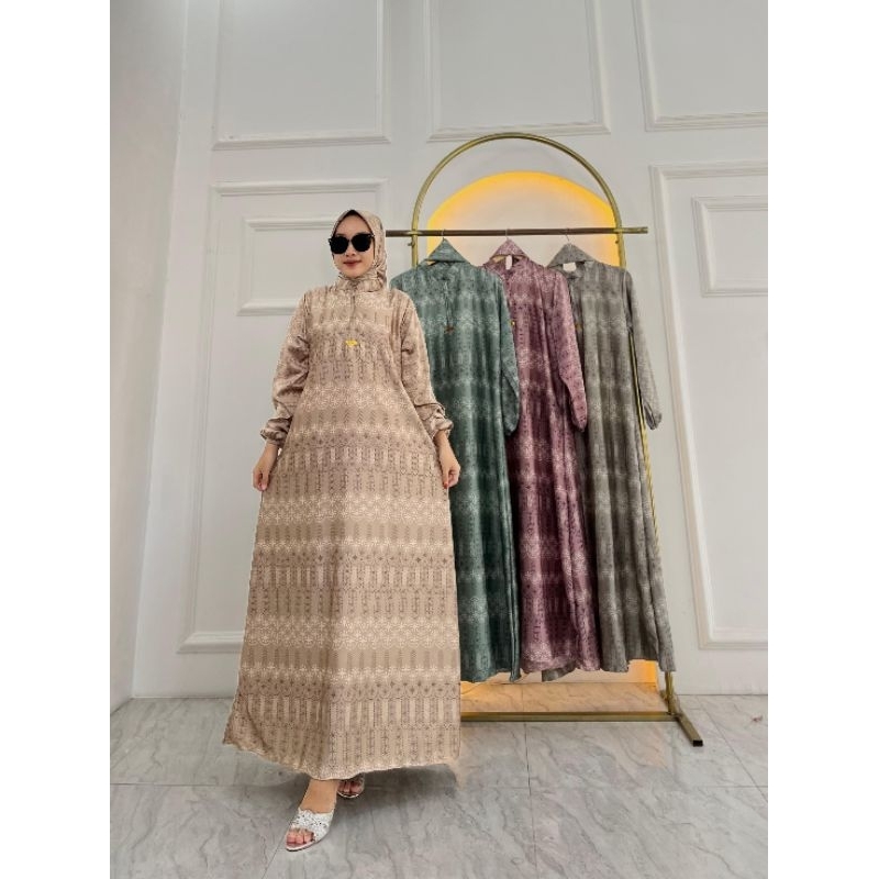 Gamis Armany brown digital motif TITIK MAYUNG set hijab