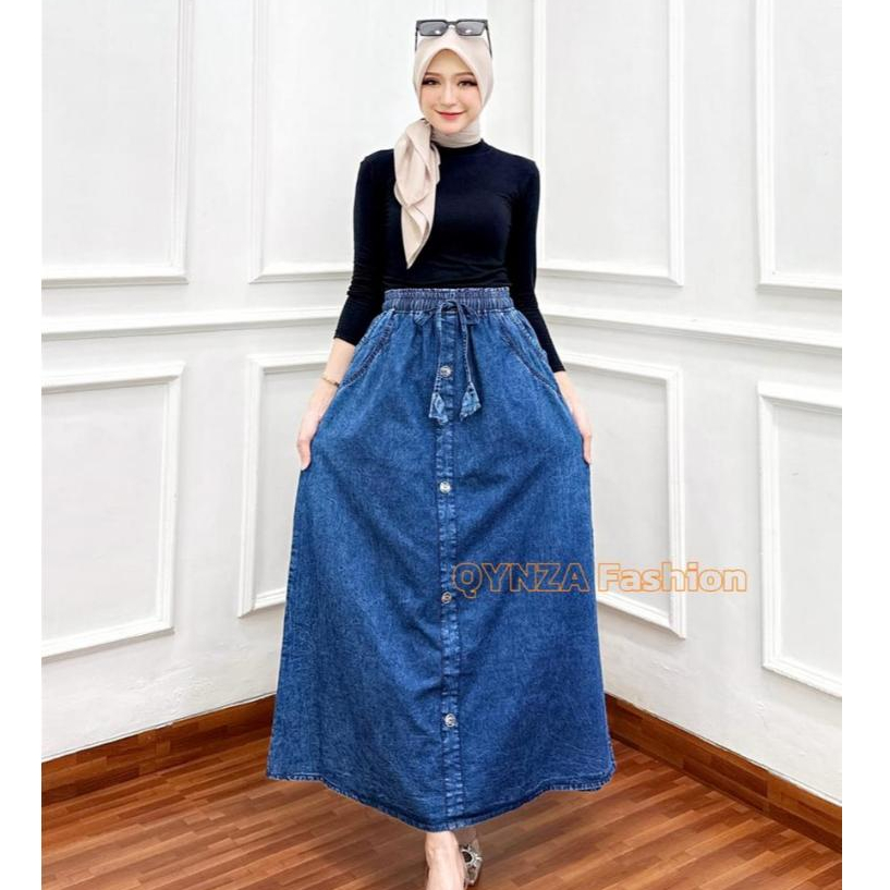 QYNZA_Rok Jeans Payung Panjang Kancing/Rok Jeans payung panjang Kancing Cargo/Rok Jeans payung JUMBO