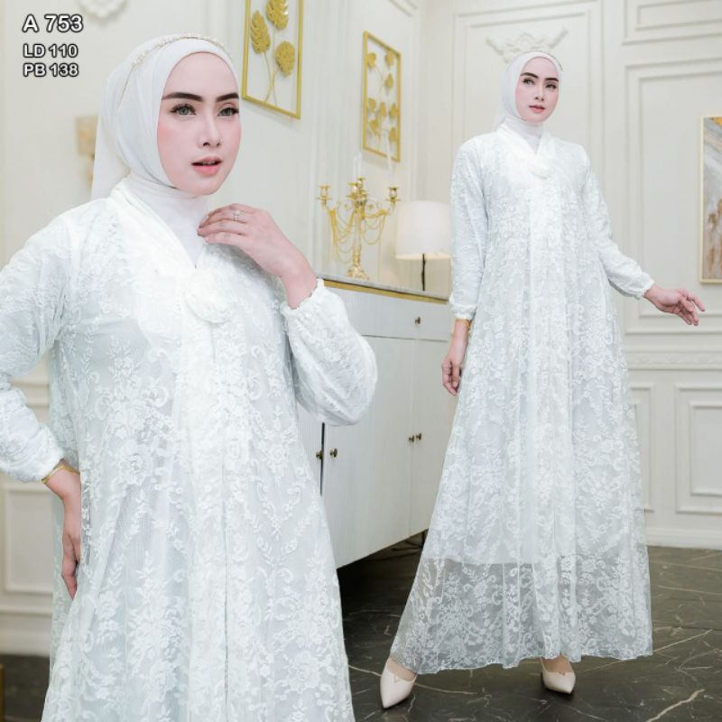 Gamis Putih A753 Tile Bordir dengan Furing dan Seleting Belakang - Muslim, Pesta, Maxi, Mewah, Dress