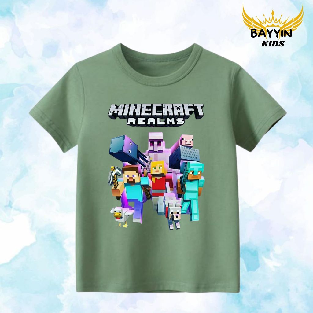 Kaos Anak Custom Nama Combed 30S gambar minecraft realms  Untuk Anak dan Hadiah kaos Anak Laki-Laki 