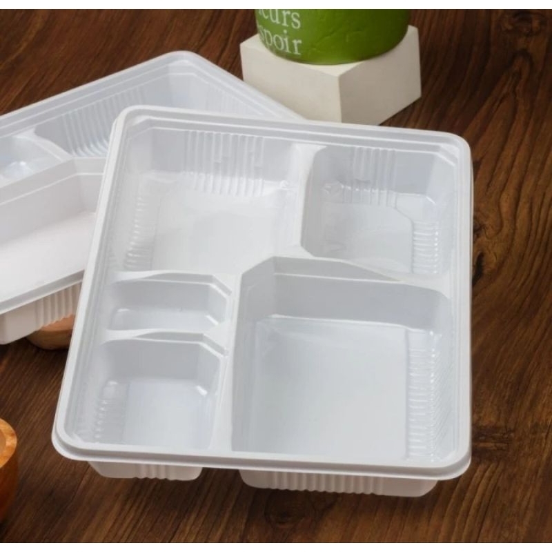tyu Mika tray nampan alas bento sekat 5 isi 25pcs per pack putih white plastik wadah tempat makanan