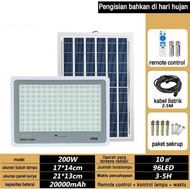 Lampu Sorot Solar Light Lampu LED Tenaga Surya 200watt Lampu Outdoor Super Terang Tahan Air 24 Jam