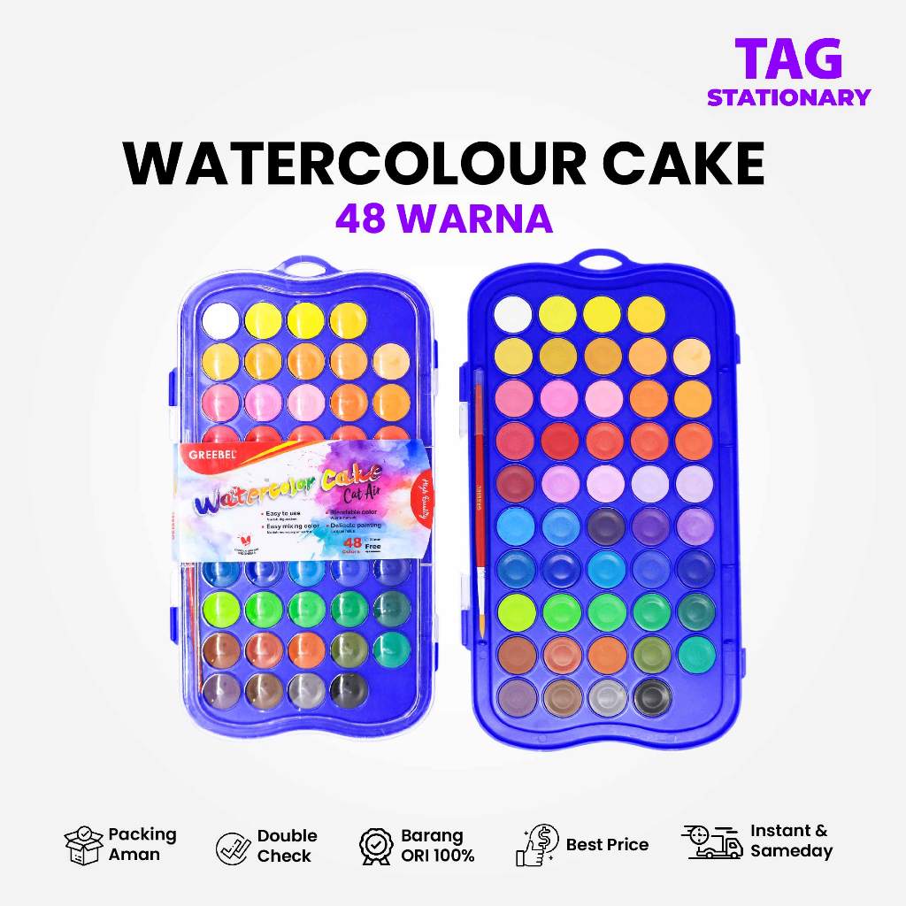 

GREEBEL Cat Air Padat / Watercolor Cake Set Isi 48 Warna Gratis Kuas / Timur Agung Grosir