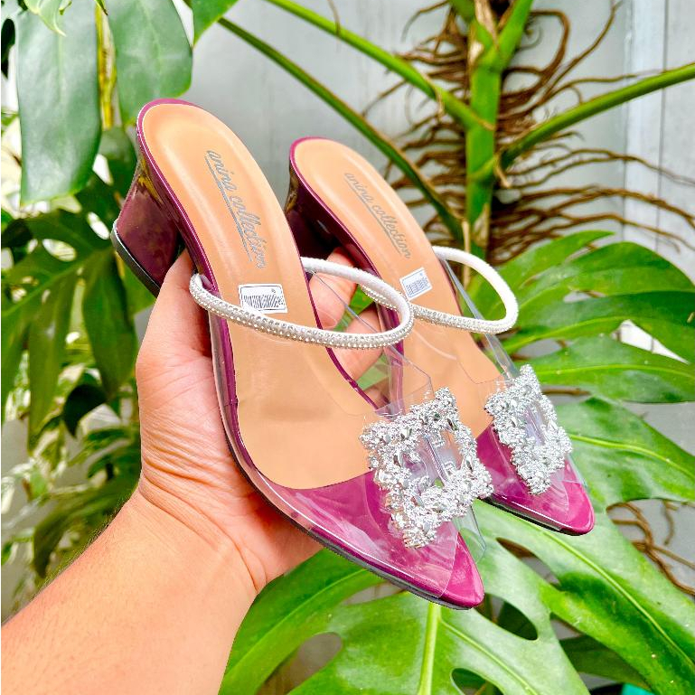 Makibau sandal heel pesta mika kaca/sandal heel pesta wanita kekinian/sandal heel pesta mika bening 