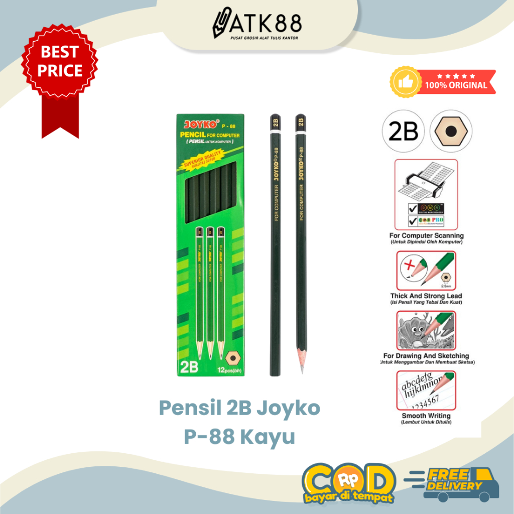 

[ATK88] 1 PAK Pensil Kayu Joyko P-88 Pencil 2B For Computer 12 Pcs