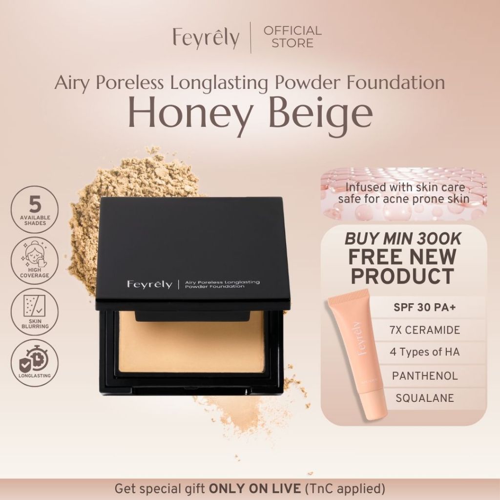 FEYRELY Airy Poreless Longlasting Powder Foundation - Honey Beige | Bedak Padat | Loose Powder | Bed