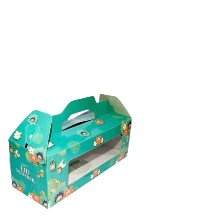 

gable box eid mubarak warna tosca kemasan 3 toples tabung kue kering 600ml dus tenteng lebaran bahan duplex ukuran 10x28x12 cm