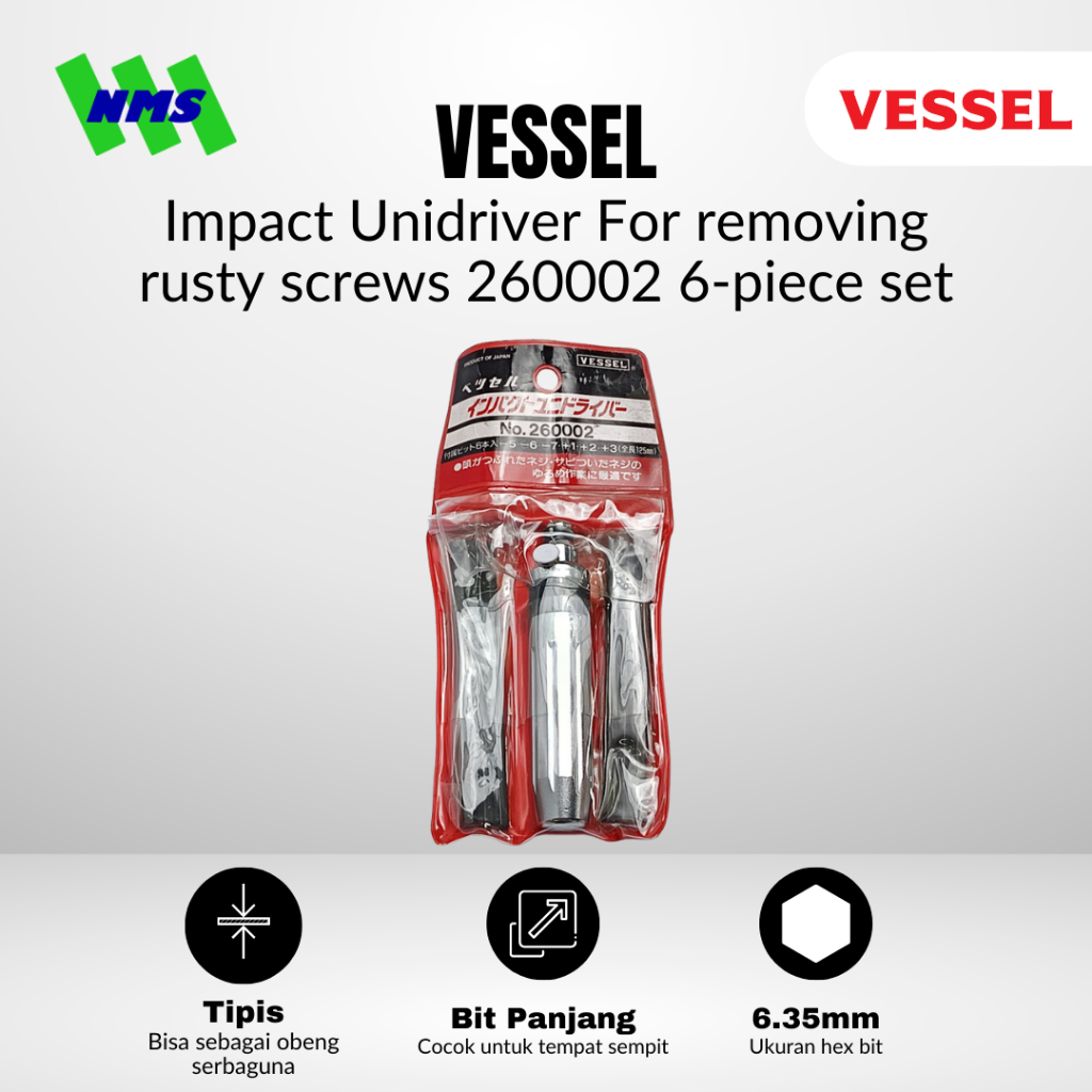 Obeng Ketok VESSEL Impact Unidriver Set No. 260002 Compact Grip Magnet Gagang Bola Sekrup Karat Dol