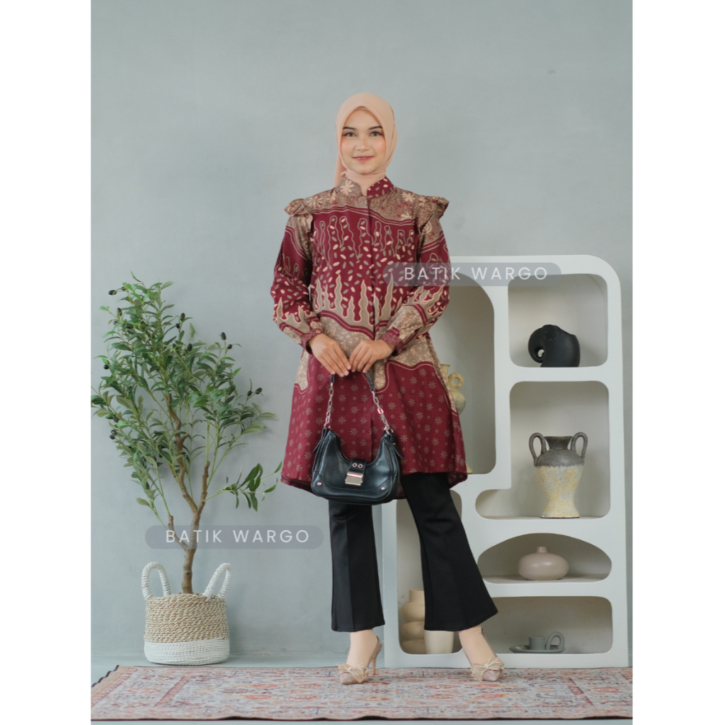 Batik Wargo Tunik Batik Wanita Lapis Tricot Premium Lengan Panjang Modern Katun Warna Merah Maroon