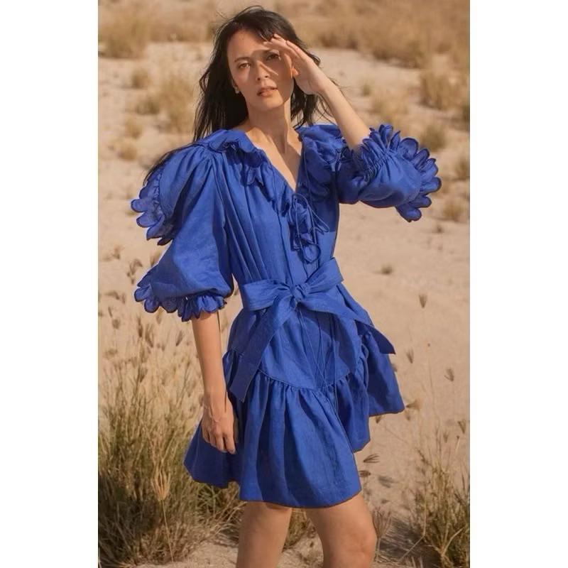 THE STORY OF - Ajax Scallop Electric Linen Blue Dress Size 12