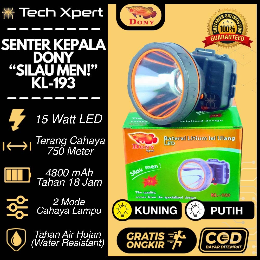 Senter Kepala Led Dony 15 Watt KL-193 "SILAU MEN" Ori Anti Air Termurah Untuk Outdoor Ukuran Sedang