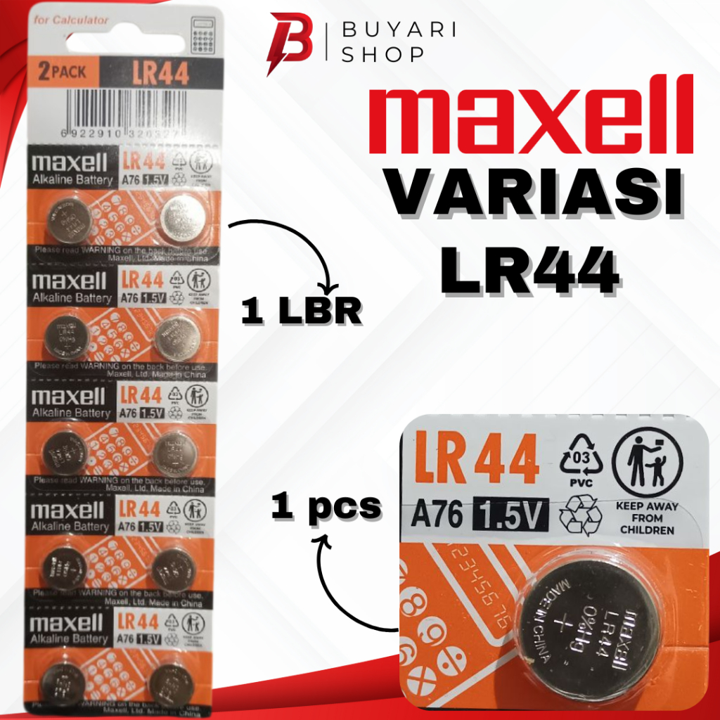 Baterai LR44 Original Maxell Batre Maxell LR44 AG13 1.5V Batre Kancing LR44 MAXELL Batre LR44 Maxell