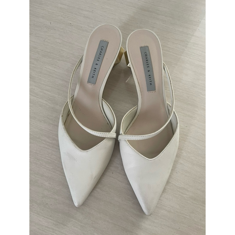 Charles & Keith White Mules Kitten Heels