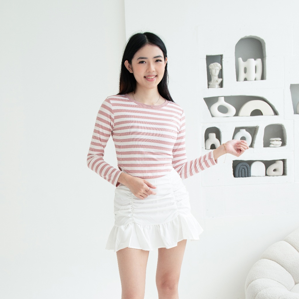 QUEENTIN Kaos Wanita Curve Hem 0675 Stretch Yeona Knit Motif Salur Lengan Panjang
