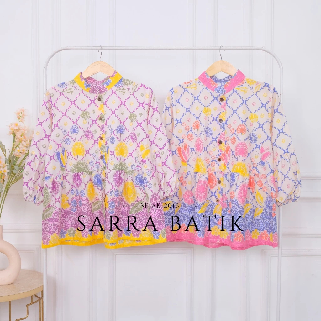 PREMIUM Blus Kasmaran Warna Pastel Putih Atasan Batik Wanita Kombinasi Katun Motif Bunga Cap Jumbo L