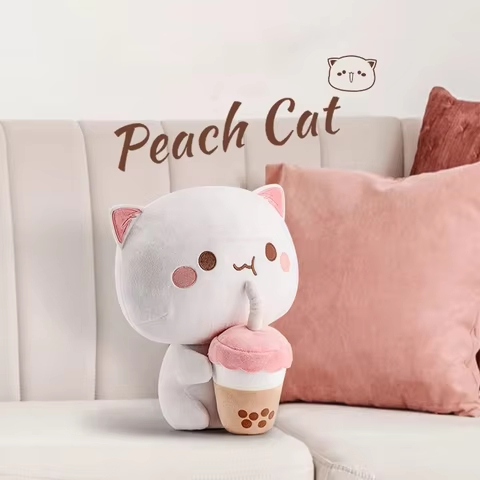 Boneka Peach Goma Mochi Mitao Cat, Peach Cat Bubble Tea Plush