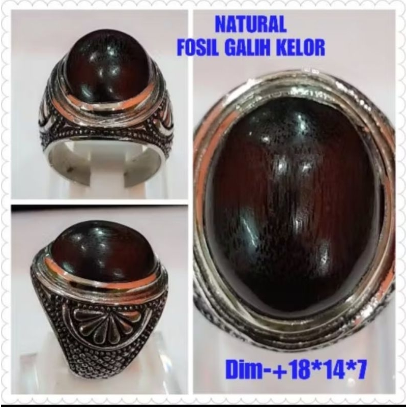 Batu cincin fosil galih kelor hitam pokay asli serat kayu ring perak bali