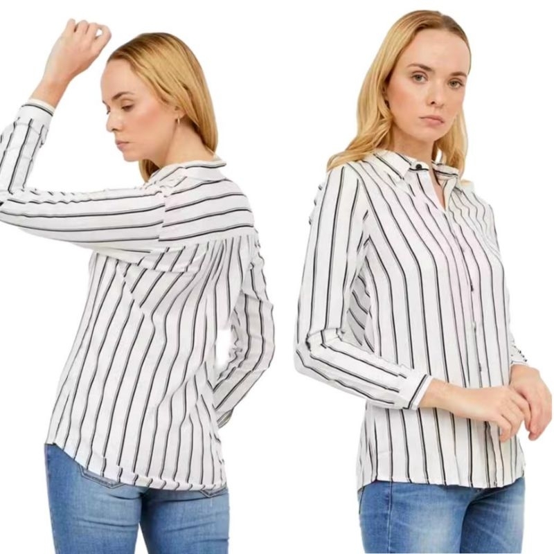 H*M women's long sleeve white striped shirt / kemeja wanita branded / Kemeja wanita terbaru dan term