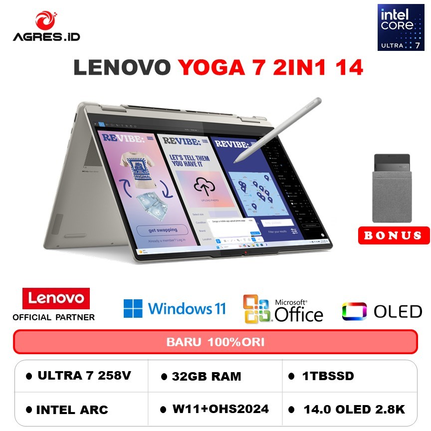 LENOVO YOGA 7 2IN1 14 OLED ULTRA 7 256V 32GB 1TB W11+OHS 14.0 2.8K 120HZ PEN 3Y PREM+3ADP -3VID