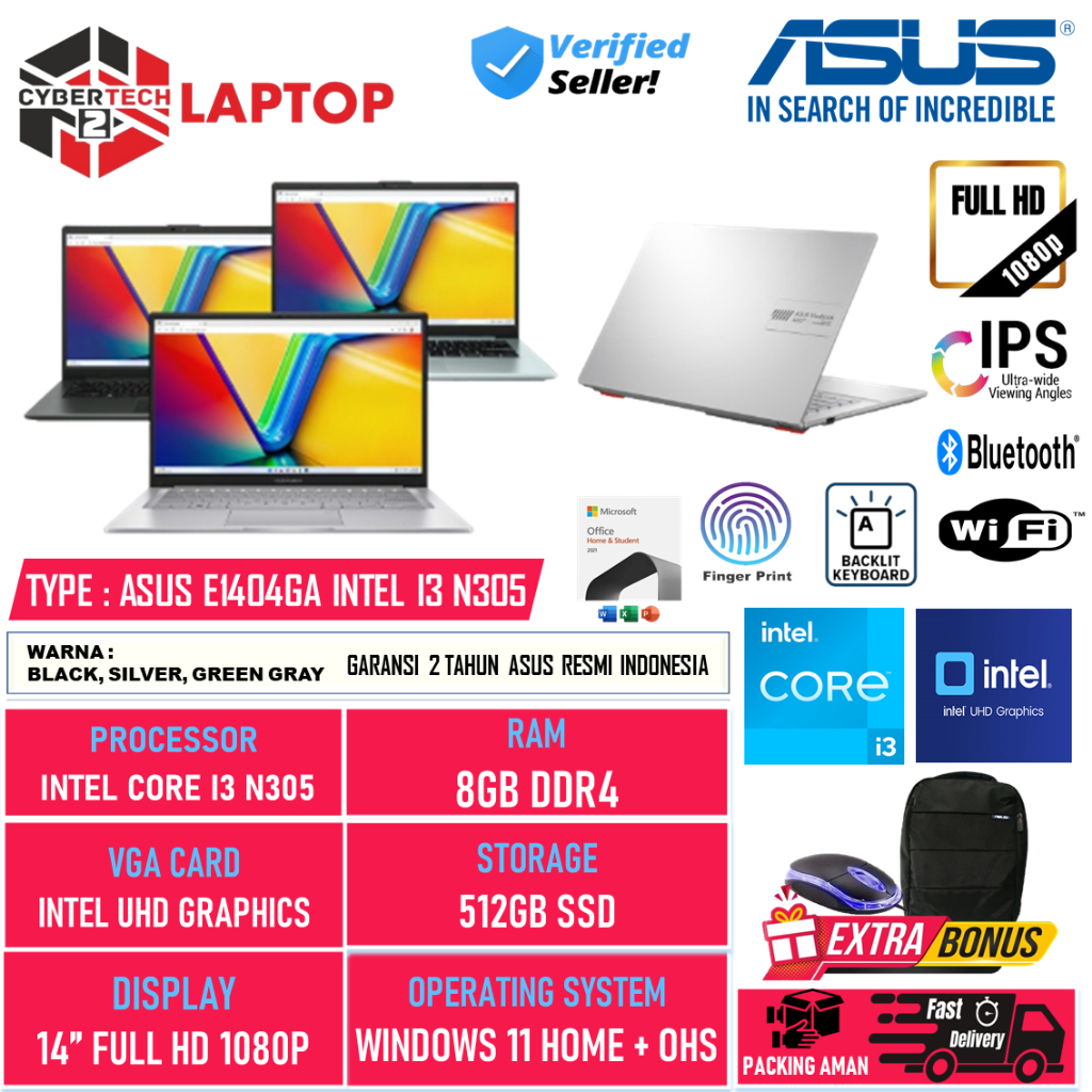 LAPTOP ASUS VIVOBOOK GO 14 E1404GA  INTEL I3 N305 8GB 512GB 14" FULL HD BACKLIGHT FINGERPRINT  WIN11