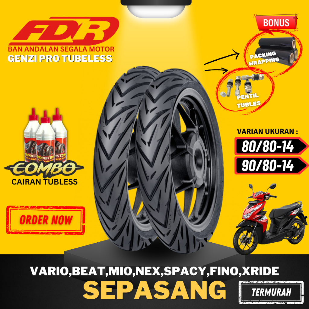 [PAKET SEPASANG] BAN FDR TUBLES RING 14 GENZI PRO TUBELESS ( 80/80-14 / 90/80-14 ) / BAN MOTOR MATIC
