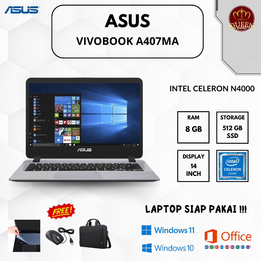 ASUS VIVOBOOK A407MA | INTEL CELERON N4000 | 8GB RAM | SSD 512GB | 14 INCH