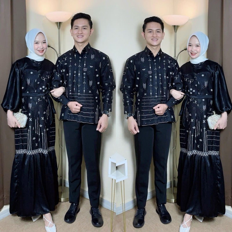 Shanum Hitam Gamis Couple Set Hijab Batik Kombinasi Polos Santorini Silk Premium Lebaran Kondangan S