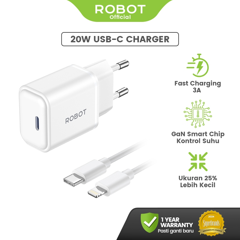 ROBOT Adaptor Kepala Fast Charger iPhone 17 16 15 GaN 20W Fast Charging Samsung Type C & Lightning R