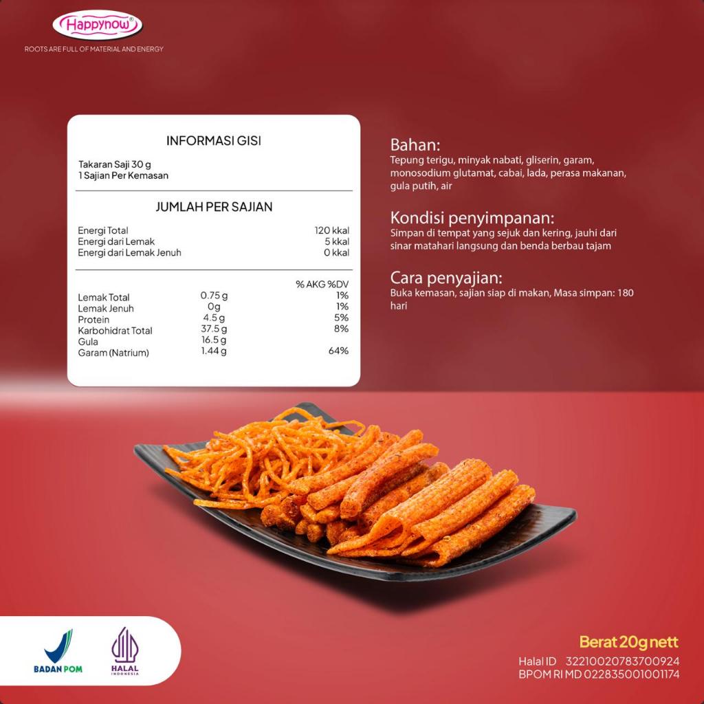 

5pc 20gr happy now snack viral spicy sticks enak halal dan BPOM aman dikonsumsi dan bergizi