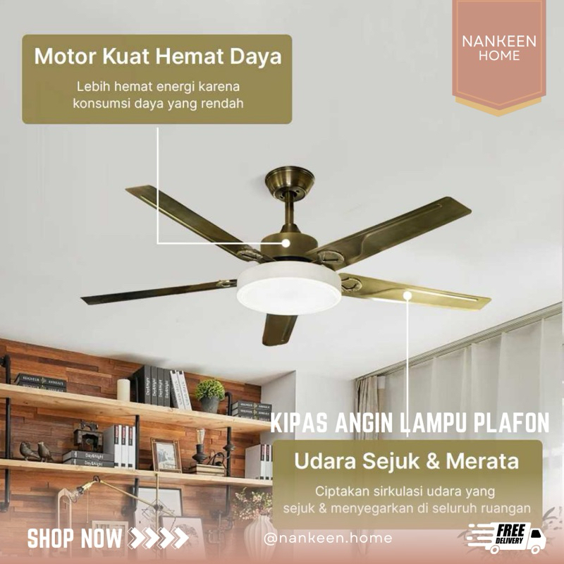 nankeen - Kipas Angin Gantung dengan Lampu LED 52inch dengan Remot/Kipas Angin Lampu Gantung Estetik