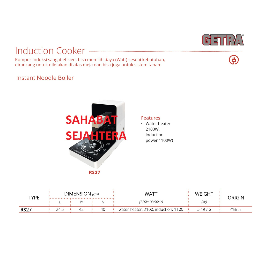 GETRA Instan Noodle Boiler RS27 Kompor Induksi