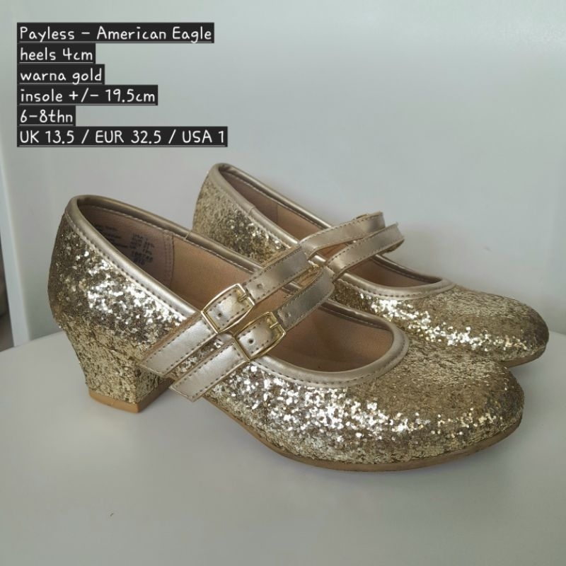 PRELOVED Sepatu Pesta Heels Anak SD Emas Gold Glitter 6tahun 7tahun 8tahun Catwalk Modelling Payless