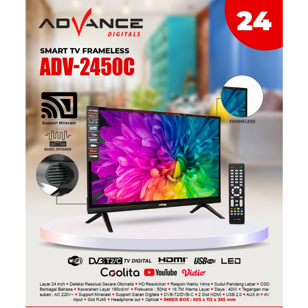 Advance ADV-2450C Smart Televisi Digital 24 Inch TV HD Support Antena Digital DV3/T2 Garansi 3 Tahun