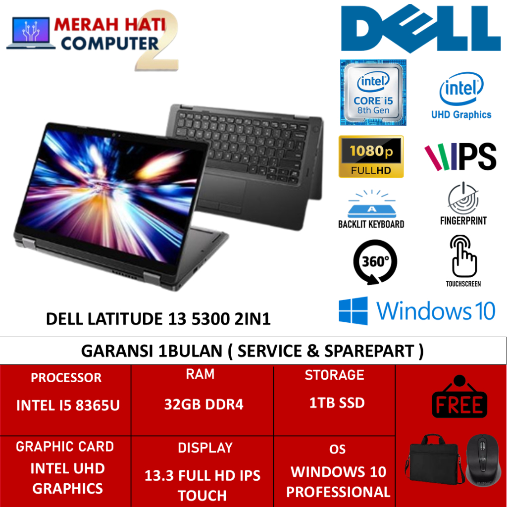 Promo Laptop 2in1 Dell Latitude 13 5300 2in1intel i7 8665U 32GB ssd 1TB FHD Windows 11 Pro