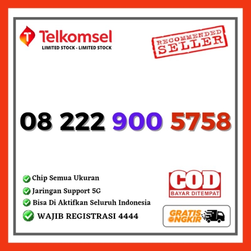 Kartu Perdana Nomor Cantik Telkomsel 5758 Support 5G