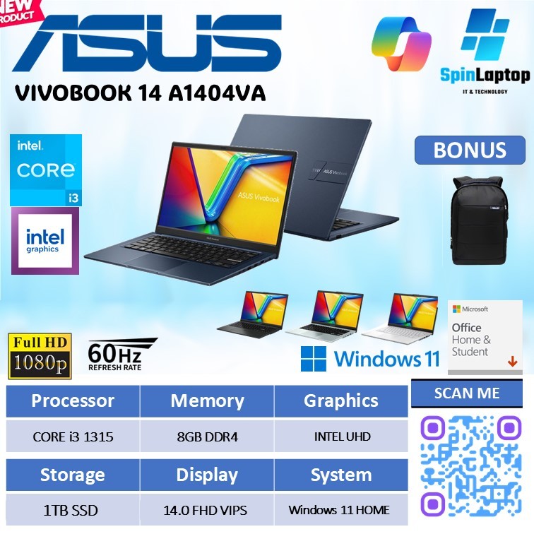 Laptop ASUS vivobook 14 A1404VA Intel core  i3 1315U RAM 16GB 1TB Garansi Resmi ASUS