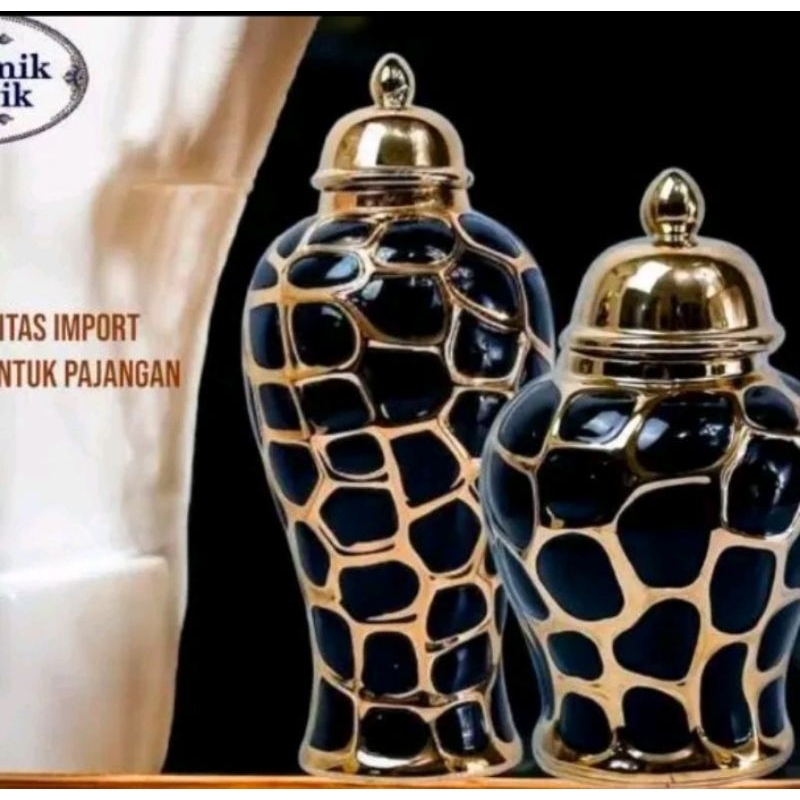 Vas Bunga Keramik Tochin Gingrjar Hitam Emas Gold    Ornamen Keramik Dekorasi rumah Import