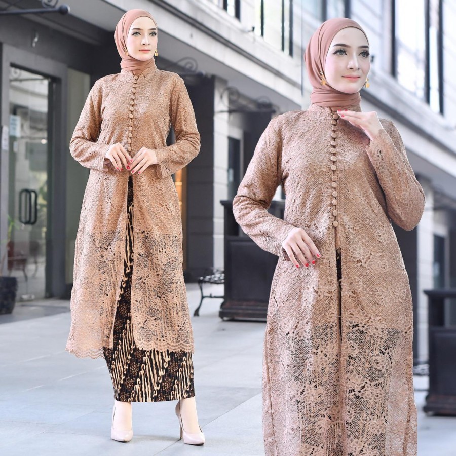 Setelan Kebaya Tunik Brokat Fatimah / Kebaya Tunik Kancing Seribu Mocca dan Aneka Pilihan Warna Lain